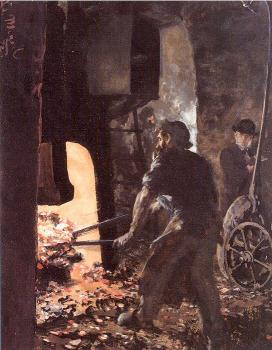 Adolph Von Menzel : Self-Portrait with Worker near the Steam-hammer